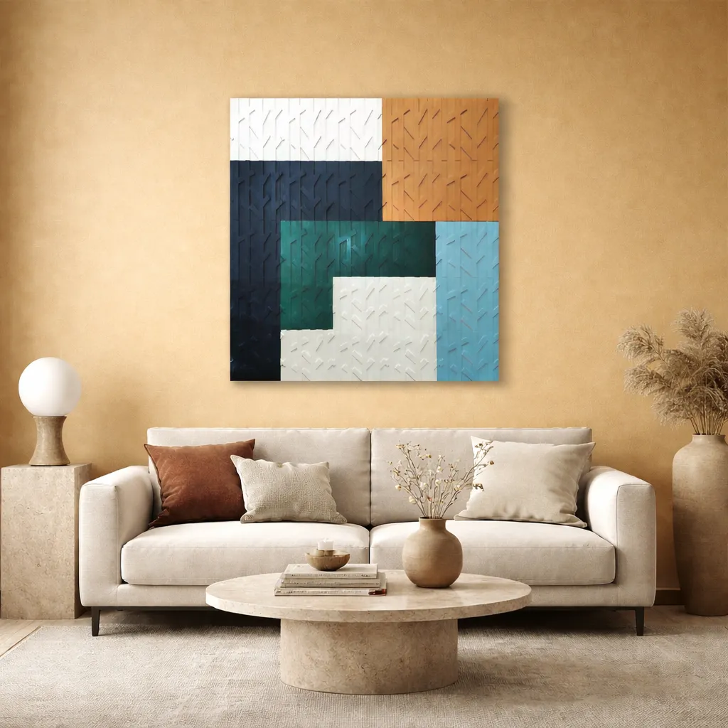 Layered abstract hand-painted canvas in navy, teal, cream and terracotta with textured geometric blocks, contemporary living space