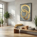 Connected Gold Interlocking metallic circles on concrete abstract wall decor - Image 5