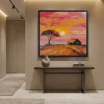 Crimson Acacia Plains Vibrant sunset scene with hut color art