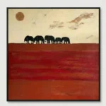 Crimson Horizon Elephants walk on red textured earth abstract art wall decor - Image 2