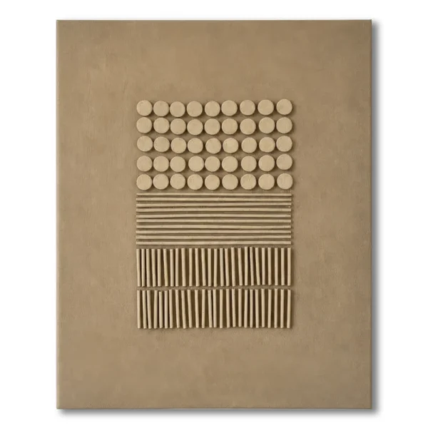 Taupe raised relief in a graduated grid of circles, lines and vertical sticks, raw canvas edge