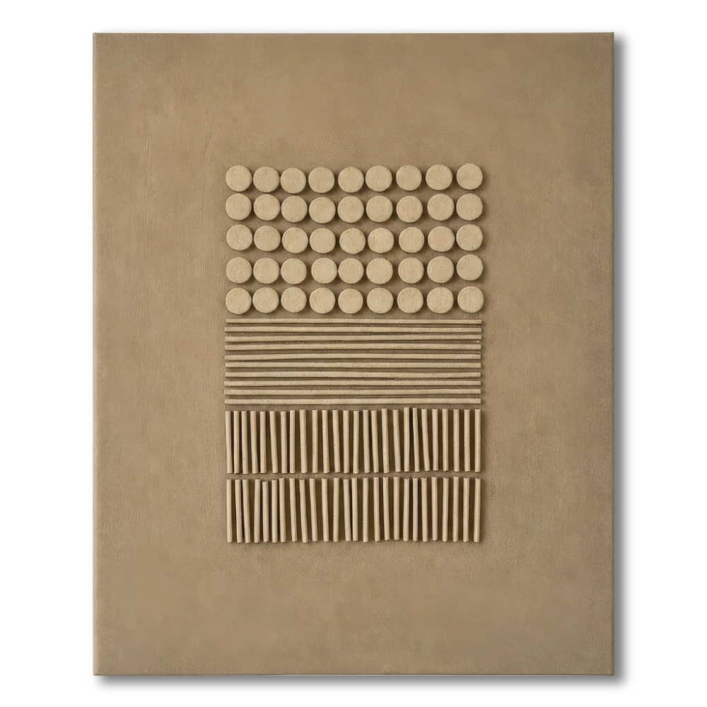 Taupe raised relief in a graduated grid of circles, lines and vertical sticks, raw canvas edge