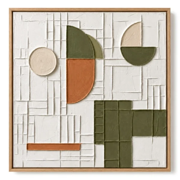 Textured abstract collage of a terracotta half-moon and sage-green shapes on a fine ruled white ground, natural wood frame