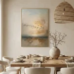 Ethereal Horizon Textured beige sky flying birds Textured art wall decor