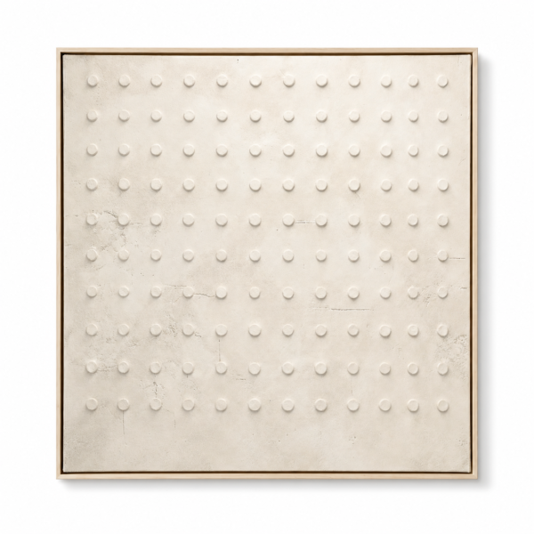Minimalist geometric abstract painting with arches, triangles and one orange-red circle on beige-grey, natural wood frame