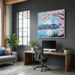Pink Blossom Peak Pink cherry blossoms over mountain color wall art - Image 3