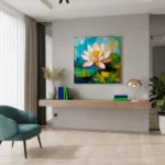 Serene Lily Pond Modern Impasto Flower Painting Blue Wall Art - Image 3