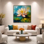 Serene Lily Pond Modern Impasto Flower Painting Blue Wall Art - Image 4