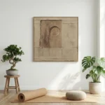 Minimalist hand-painted canvas with geometric grid and circular form in warm beige and taupe tones, contemporary living space