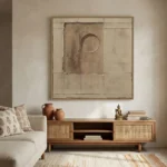 Textured abstract hand-painted canvas in cream and taupe with geometric grid and circular form, contemporary living space