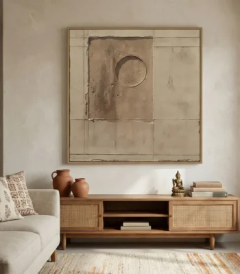 Textured abstract hand-painted canvas in cream and taupe with geometric grid and circular form, contemporary living space