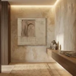 Textured minimalist hand-painted canvas with geometric grid and circular form in warm earth tones, styled in contemporary interior