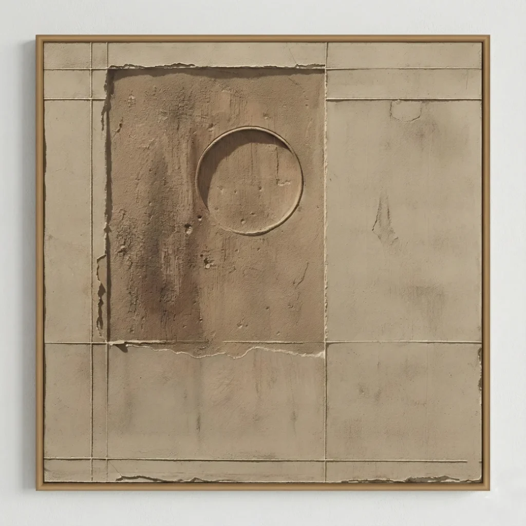 Minimalist hand-painted canvas with geometric grid lines, subtle circular form, and weathered cream palette