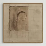 Minimalist hand-painted canvas with geometric grid lines, subtle circular form, and weathered cream palette