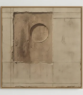 Minimalist hand-painted canvas with geometric grid lines, subtle circular form, and weathered cream palette