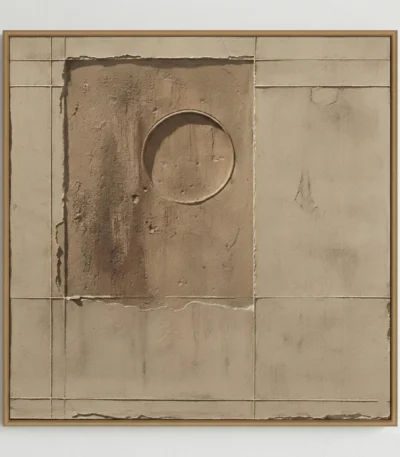 Minimalist hand-painted canvas with geometric grid lines, subtle circular form, and weathered cream palette