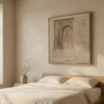 Minimalist abstract hand-painted canvas with textured geometric forms and circular motif in warm neutral tones, modern bedroom setting