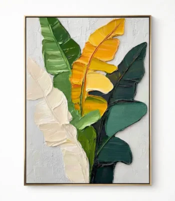 Contemporary hand-painted canvas with layered botanical leaves in cream, sage green, and golden yellow tones