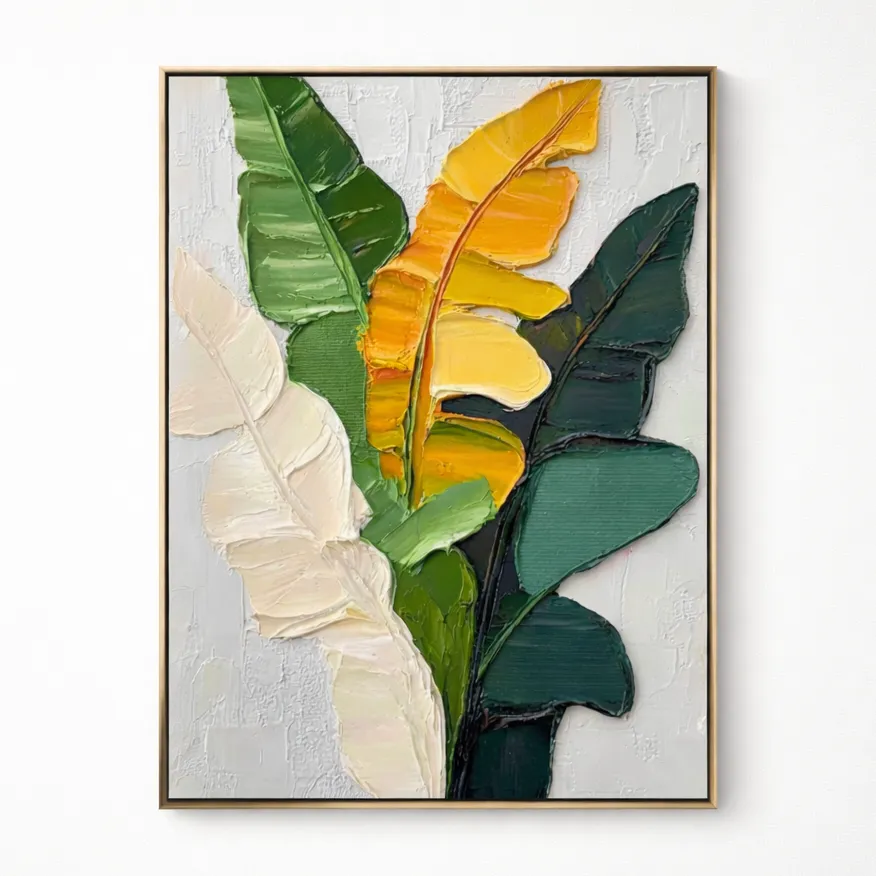 Contemporary hand-painted canvas with layered botanical leaves in cream, sage green, and golden yellow tones