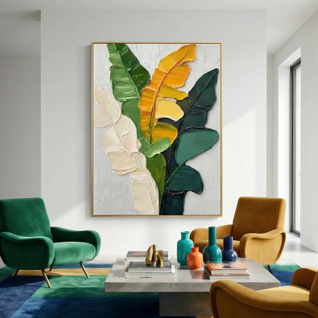 Textured contemporary hand-painted canvas featuring layered botanical leaves in cream, green, and golden yellow tones, modern living space