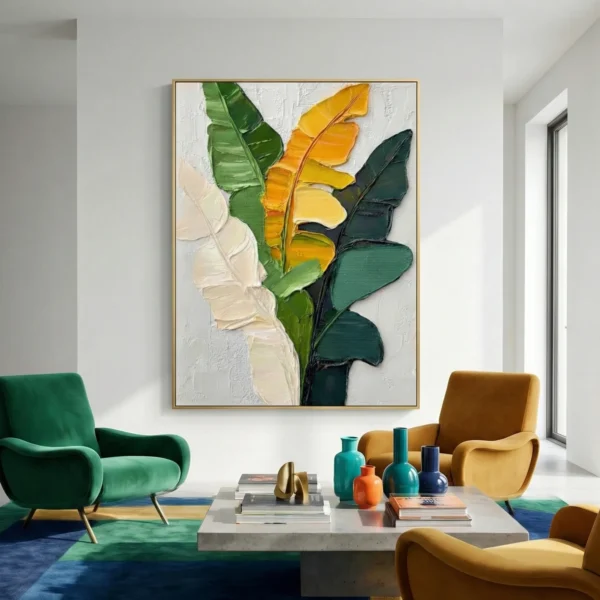 Textured contemporary hand-painted canvas featuring layered botanical leaves in cream, green, and golden yellow tones, modern living space