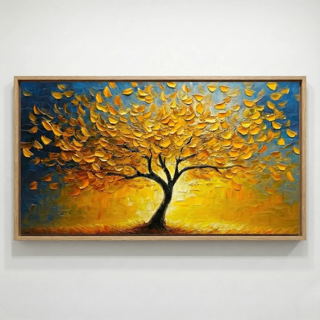 Textured contemporary hand-painted canvas depicting solitary tree with golden foliage against blue sky, rich impasto brushwork in warm yellows and deep blues, modern living space