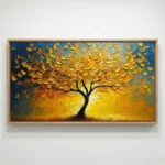 Textured contemporary hand-painted canvas depicting solitary tree with golden foliage against blue sky, rich impasto brushwork in warm yellows and deep blues, modern living space
