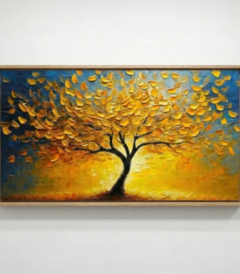 Textured contemporary hand-painted canvas depicting solitary tree with golden foliage against blue sky, rich impasto brushwork in warm yellows and deep blues, modern living space
