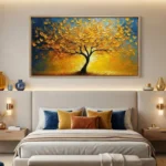 Textured contemporary hand-painted canvas depicting golden tree with expressive brushwork in warm and cool tones, modern bedroom