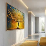 Textured expressionist painting of golden tree with layered foliage against deep blue sky, warm ochre palette, contemporary hallway