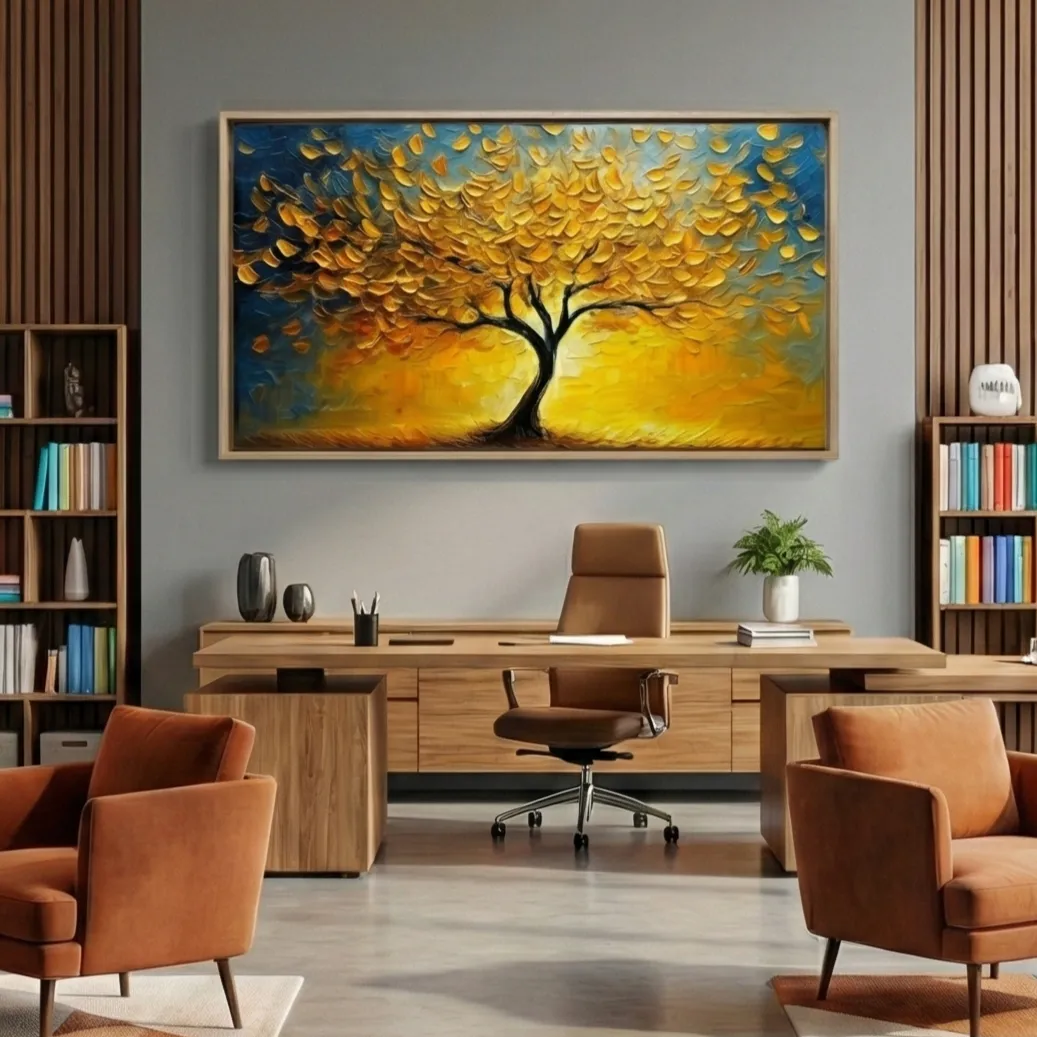 Amber Azure Textured metallic leaf landscape color art (5) Textured hand-painted canvas depicting golden tree with layered leaf canopy against deep blue sky in warm ochre tones, contemporary office space