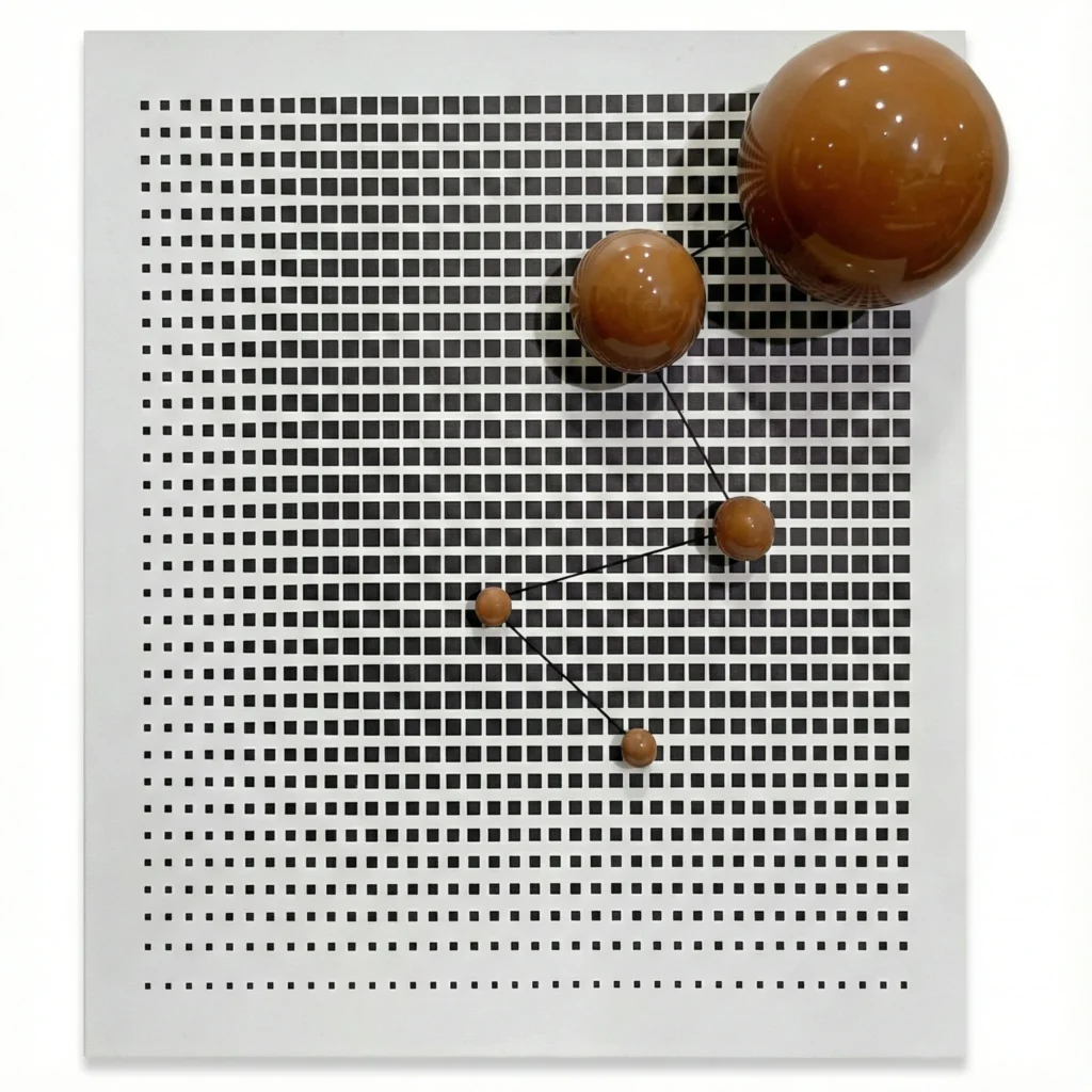 Minimalist hand-painted canvas with brown spheres descending in scale against dotted grid pattern, monochromatic palette