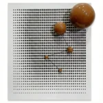 Minimalist hand-painted canvas with brown spheres descending in scale against dotted grid pattern, monochromatic palette