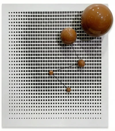 Minimalist hand-painted canvas with brown spheres descending in scale against dotted grid pattern, monochromatic palette