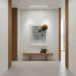 Minimalist hand-painted canvas with perforated geometric grid pattern in cream and natural wood tones, contemporary gallery setting