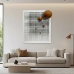 Minimalist abstract hand-painted canvas with geometric dot pattern in black and cream, contemporary living space