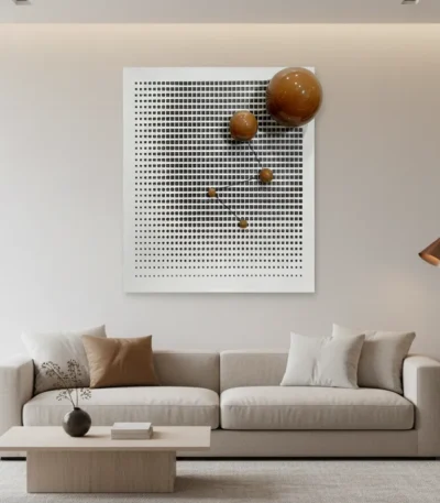 Minimalist abstract hand-painted canvas with geometric dot pattern in black and cream, contemporary living space