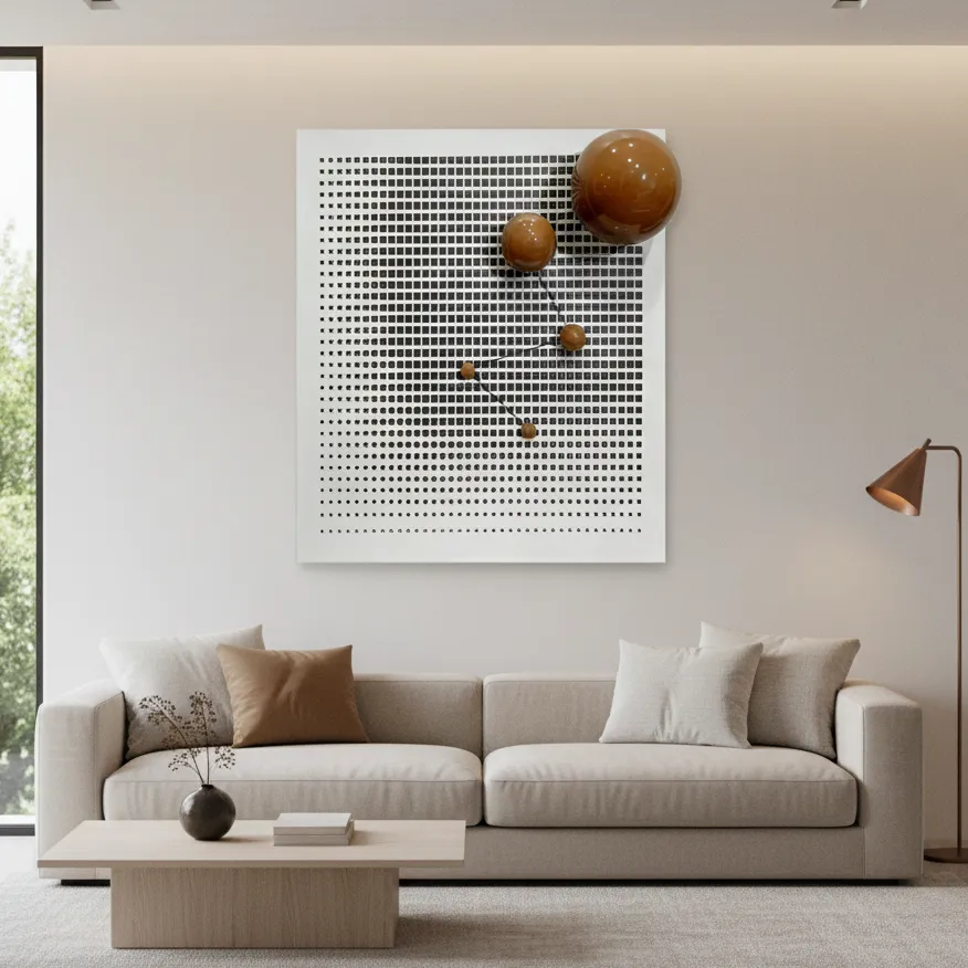 Minimalist abstract hand-painted canvas with geometric dot pattern in black and cream, contemporary living space