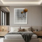 Minimalist hand-painted canvas with dense monochromatic dot pattern and dimensional brass spheres, neutral palette, contemporary bedroom