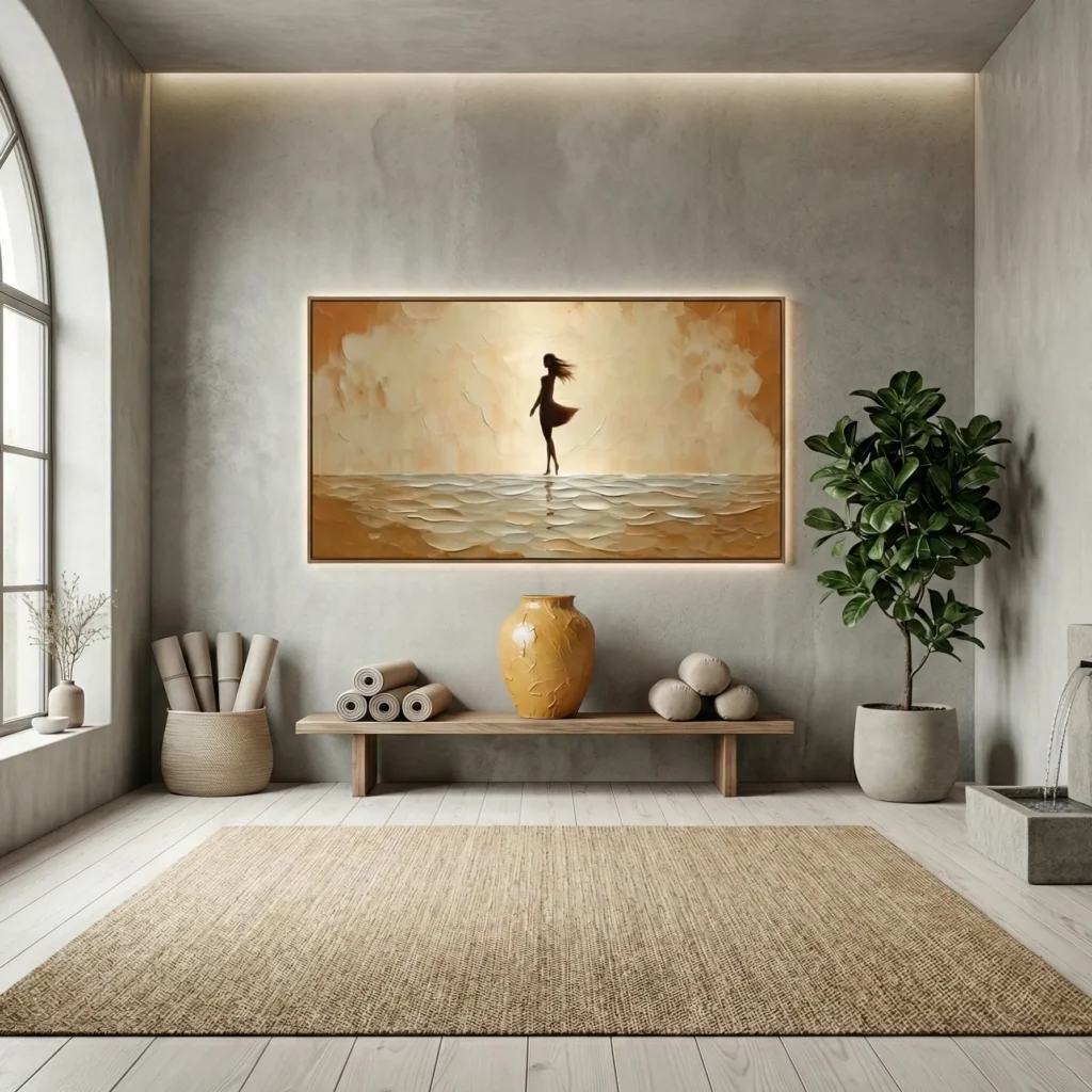Figurative hand-painted canvas depicting silhouetted woman in ocean waves, warm golden and cream tones, contemporary minimalist space