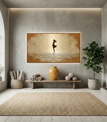 Figurative hand-painted canvas depicting silhouetted woman in ocean waves, warm golden and cream tones, contemporary minimalist space