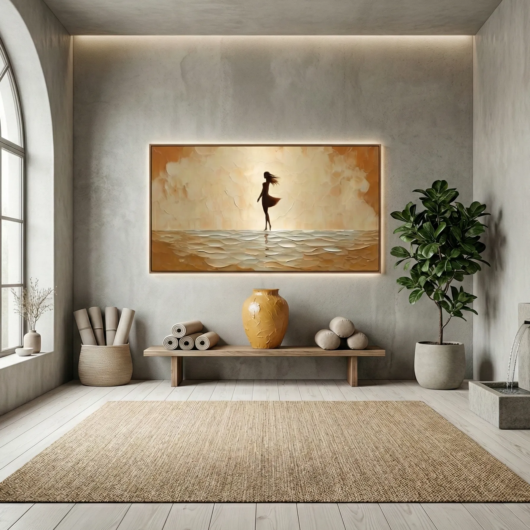 Amber Light Walk Lone silhouette on warm ground minimal wall decor (4) Figurative hand-painted canvas depicting silhouetted woman in ocean waves, warm golden and cream tones, contemporary minimalist space