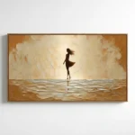 Textured hand-painted canvas depicting a silhouetted figure on a beach beneath golden sky, cream and ochre palette, contemporary living space