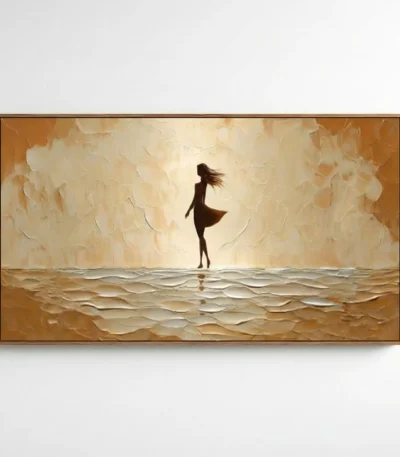 Textured hand-painted canvas depicting a silhouetted figure on a beach beneath golden sky, cream and ochre palette, contemporary living space