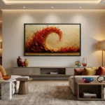 Gestural abstract hand-painted canvas depicting a swirling flame vortex in rich reds, oranges, and golden yellows, contemporary living space