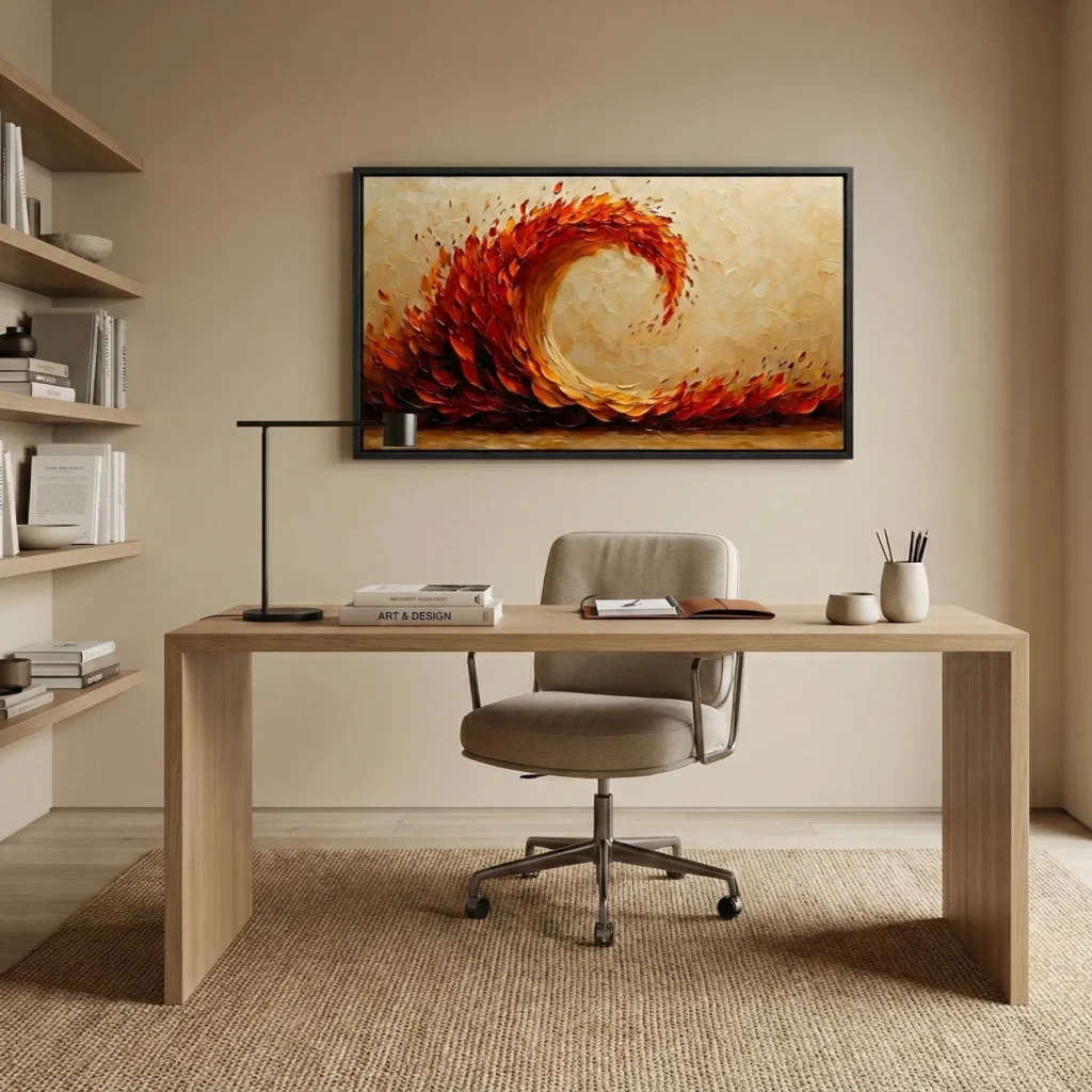 Gestural abstract hand-painted canvas depicting swirling flames in vibrant reds and golds, contemporary office setting