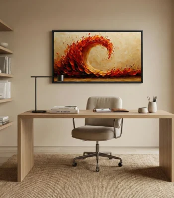 Gestural abstract hand-painted canvas depicting swirling flames in vibrant reds and golds, contemporary office setting