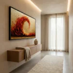 Gestural abstract hand-painted canvas depicting swirling fire and flame in bold reds and golds, contemporary entryway