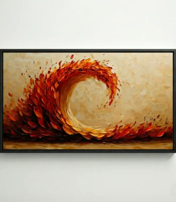 Textured abstract hand-painted canvas featuring a dynamic spiral of blazing red and golden flames against warm cream background
