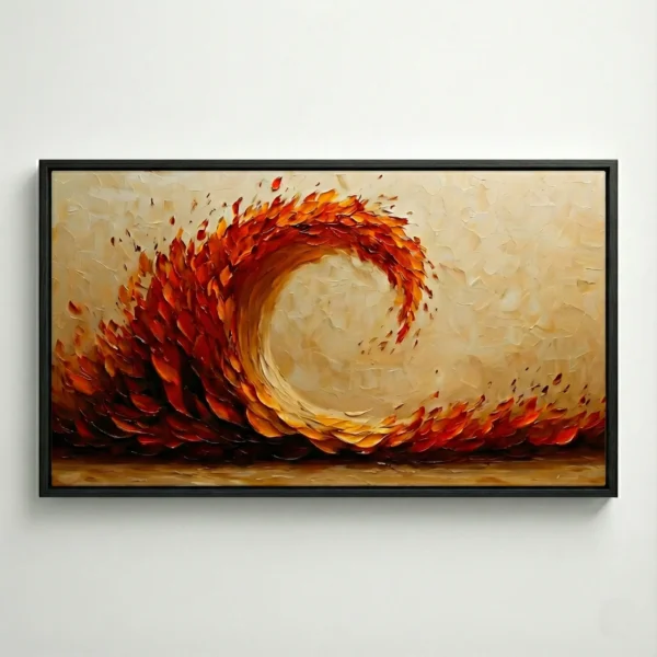 Coiling rust, amber and gold palette-knife wave on a pale gold textured canvas, thin black floater frame